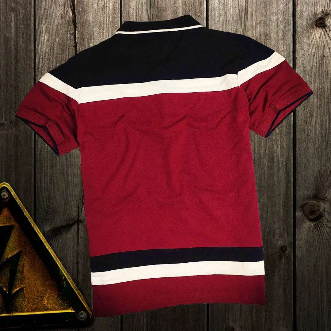 Men premium T Shirt Maroon white with black stripe Airtex