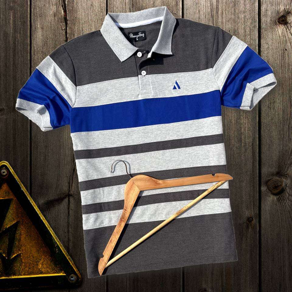 Stylish Men T-Shirt Grey Collar Intense Grey with Blue, Grey 3 Stripe Airtex