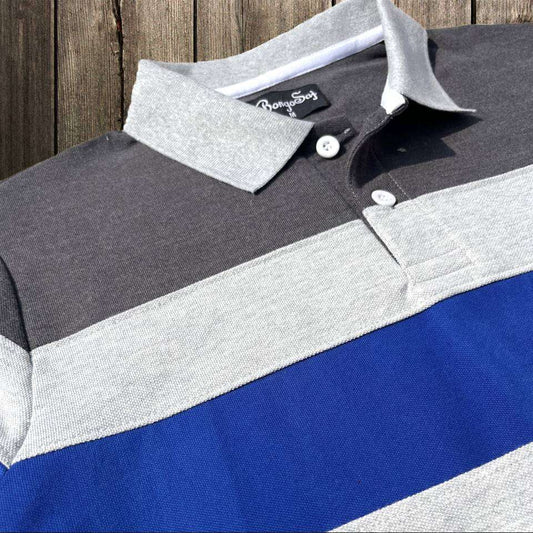 Stylish Men T-Shirt Grey Collar Intense Grey with Blue, Grey 3 Stripe Airtex