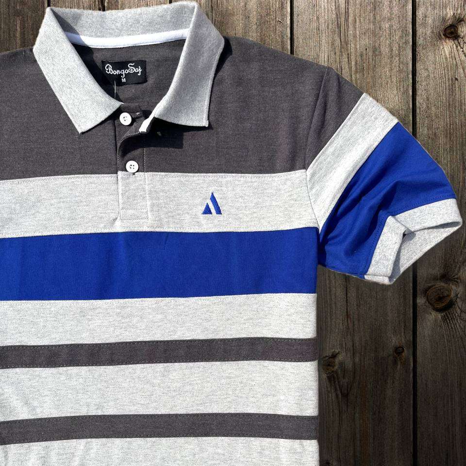 Stylish Men T-Shirt Grey Collar Intense Grey with Blue, Grey 3 Stripe Airtex