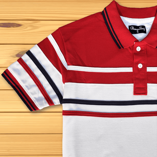 Red White with Navy stripe Polo T-Shirt Airtex