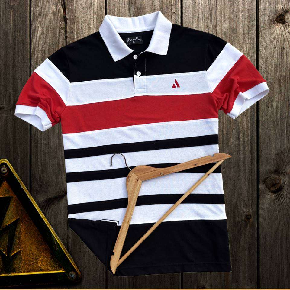 Stylish Men T-Shirt White Collar Black with Red, Black 3 Stripe Airtex