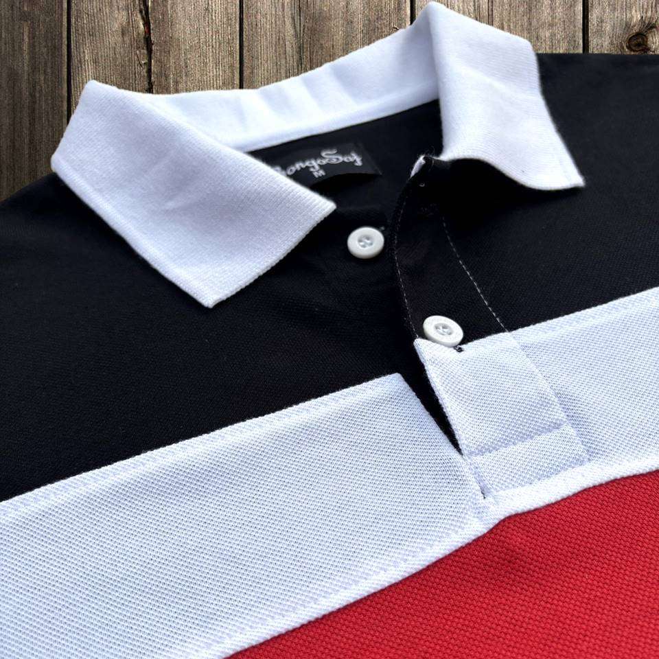 Stylish Men T-Shirt White Collar Black with Red, Black 3 Stripe Airtex