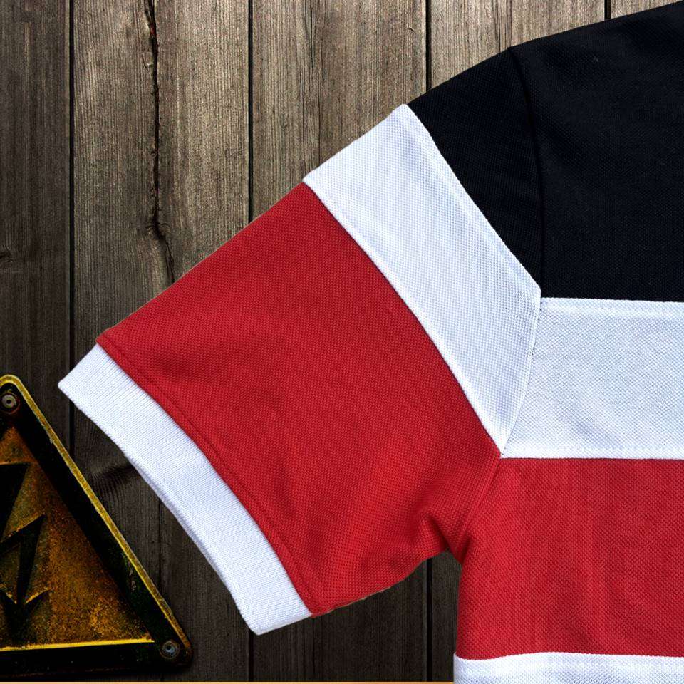 Stylish Men T-Shirt White Collar Black with Red, Black 3 Stripe Airtex