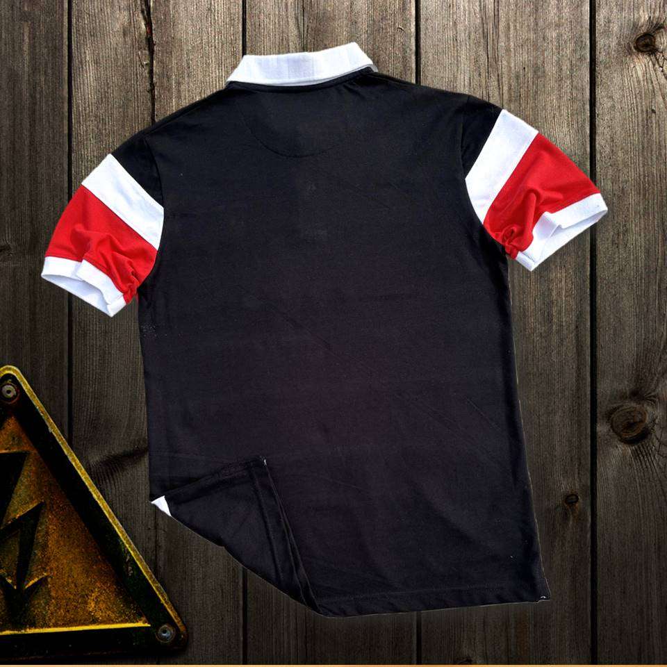 Stylish Men T-Shirt White Collar Black with Red, Black 3 Stripe Airtex