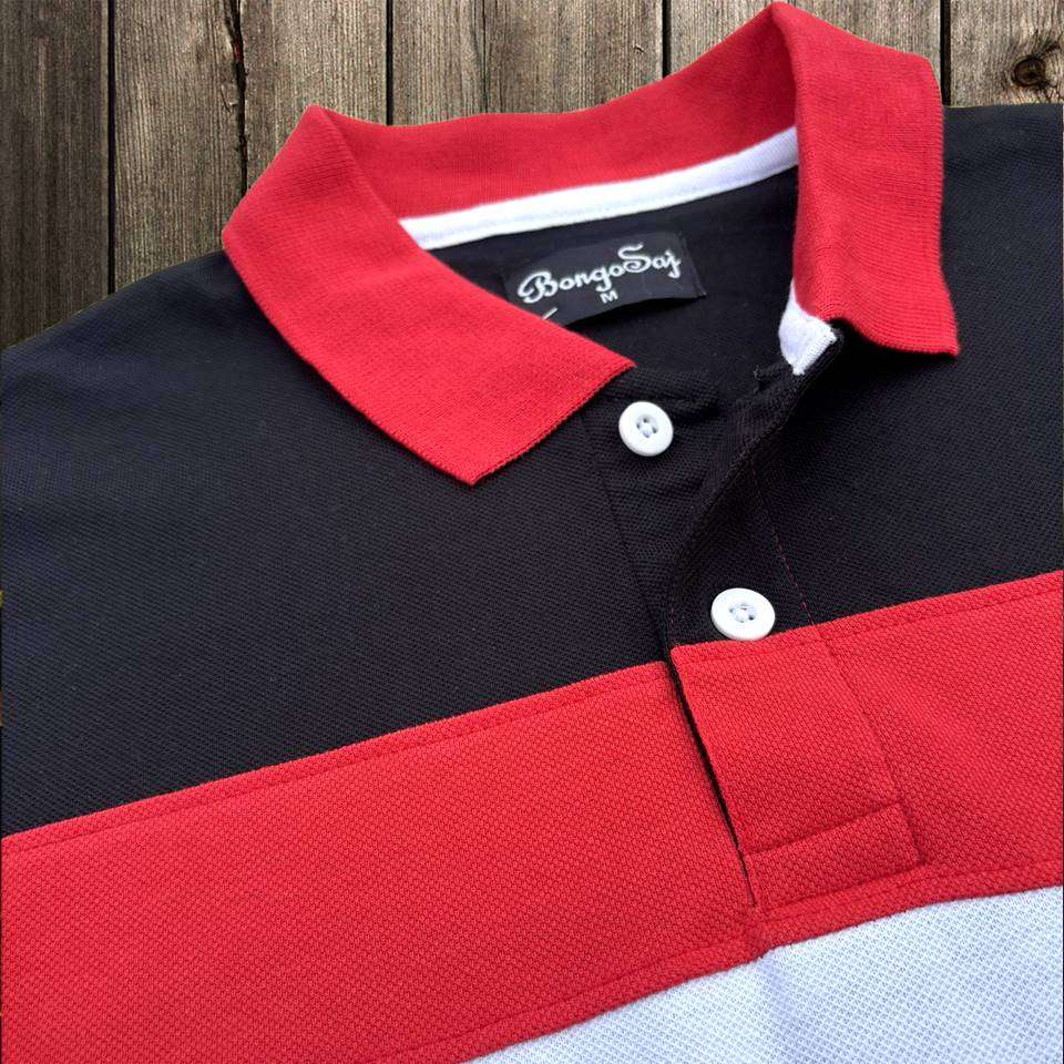 Stylish Men T-Shirt Red Collar, Black with White 3 Stripe Airtex