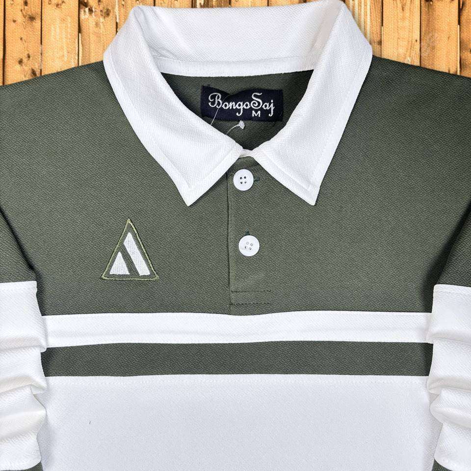 Full sleeve Collar T-Shirt Forest Green & White 2-Stripes Airtex