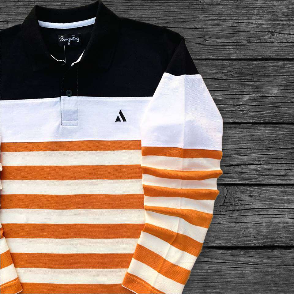 Men Full Sleeve T Shirt Black white with Orange Airtex