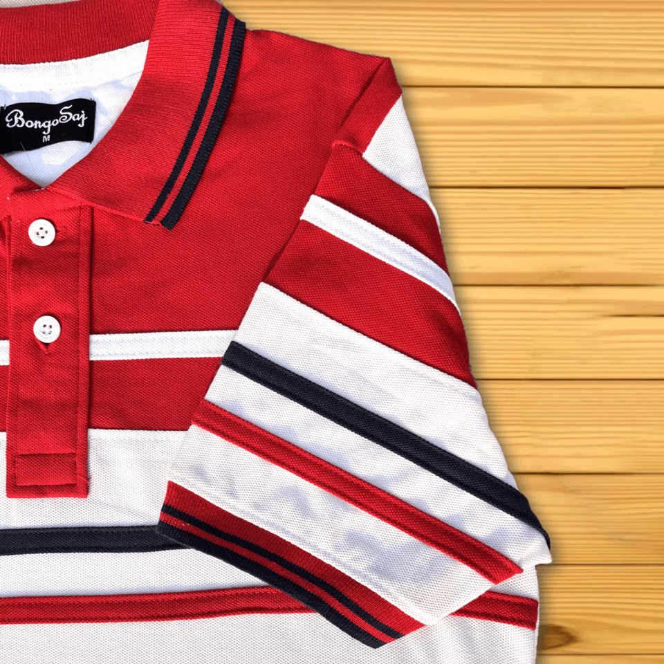 Red White with Navy stripe Polo T-Shirt Airtex