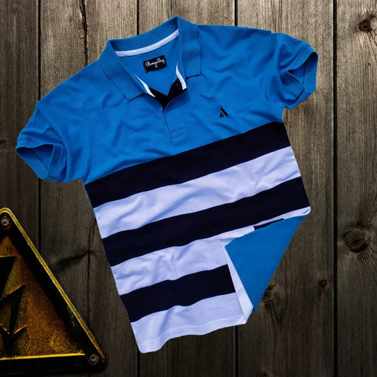 Men Premium T Shirt Sky Blue, white with Navy Blue stripe Airtex