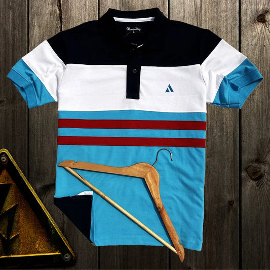 Men stylish T Shirt Navy blue, White, Turquoise Blue with Red stripe Airtex