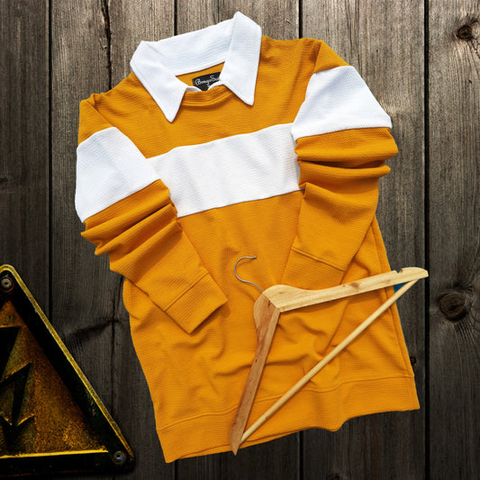 Mens Textured lycra Collar T shirt, mustard yellow with white Airtex