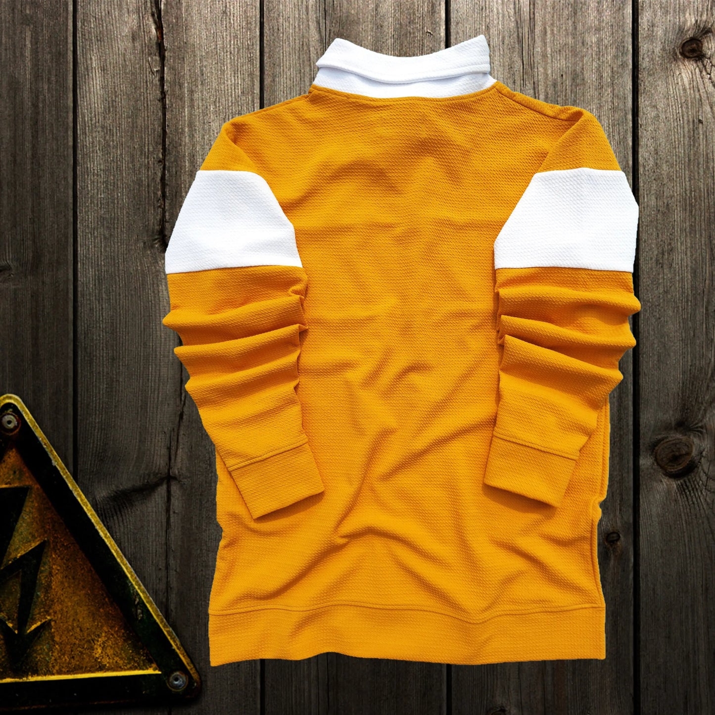 Mens Textured lycra Collar T shirt, mustard yellow with white Airtex