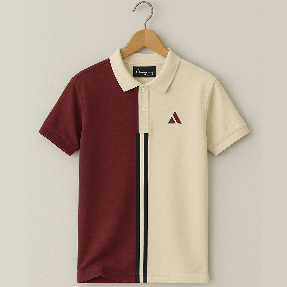 Half Maroon with Yellow stripe Polo T-Shirt Airtex