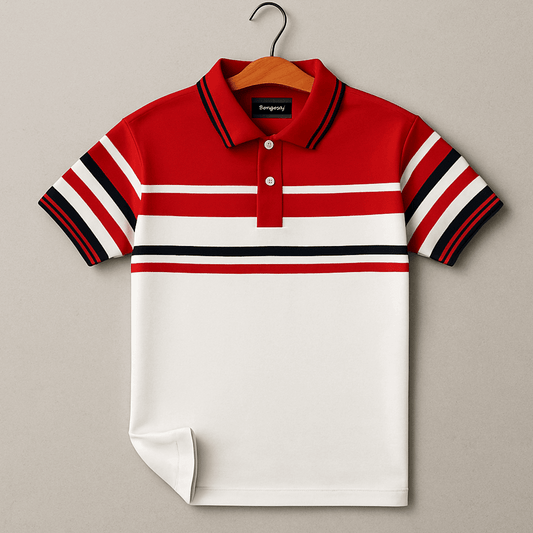 Red White with Navy stripe Polo T-Shirt Airtex