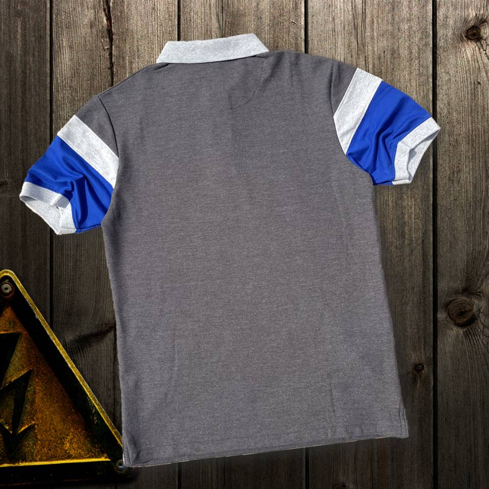 Stylish Men T-Shirt Grey Collar Intense Grey with Blue, Grey 3 Stripe