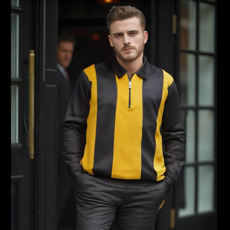 Full Sleeves Zip T-Shirt Golden Yellow Vertical Stripe