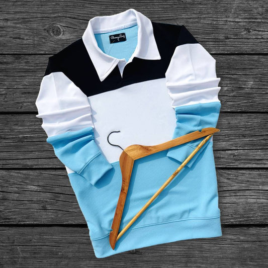 Full sleeve Collar Lycra T Shirt Sky Blue with White