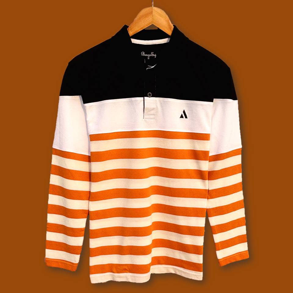 Men Full Sleeve T Shirt Black white with Orange