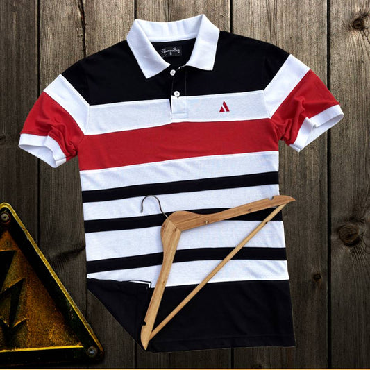 Stylish Men T-Shirt White Collar Black with Red, Black 3 Stripe