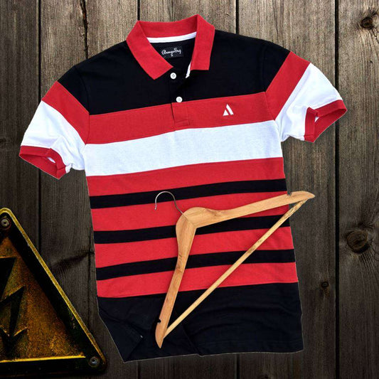 Stylish Men T-Shirt Red Collar, Black with White 3 Stripe Airtex