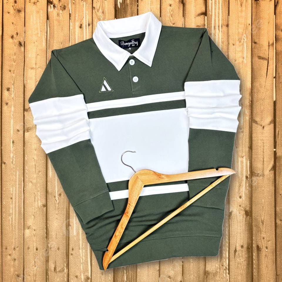 Full sleeve Collar T-Shirt Forest Green & White 2-Stripes