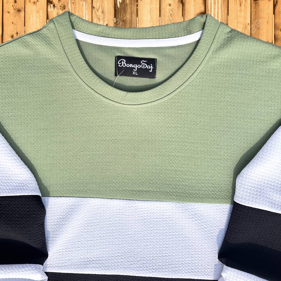 Mens Round Neck Textured Lycra winter New T Shirt Pista Green, Black with White