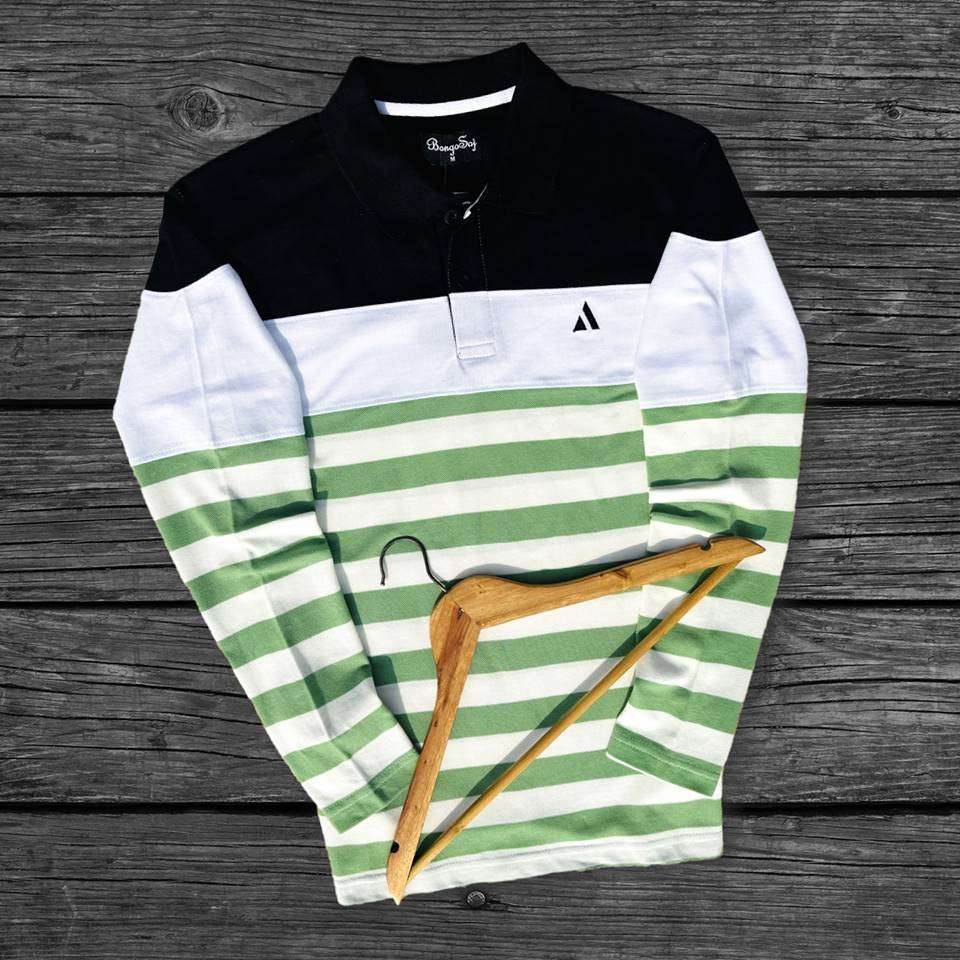 Men Full Sleeve T Shirt Black white with Parakeet Green Airtex