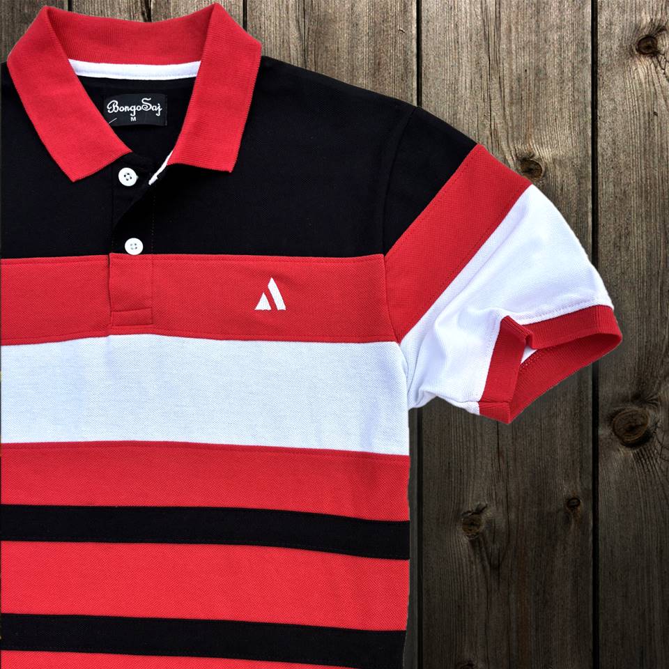 Stylish Men T-Shirt Red Collar, Black with White 3 Stripe