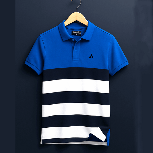 Men Premium T Shirt Sky Blue, white with Navy Blue stripe
