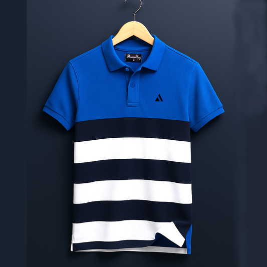 Men Premium T Shirt Sky Blue, white with Navy Blue stripe