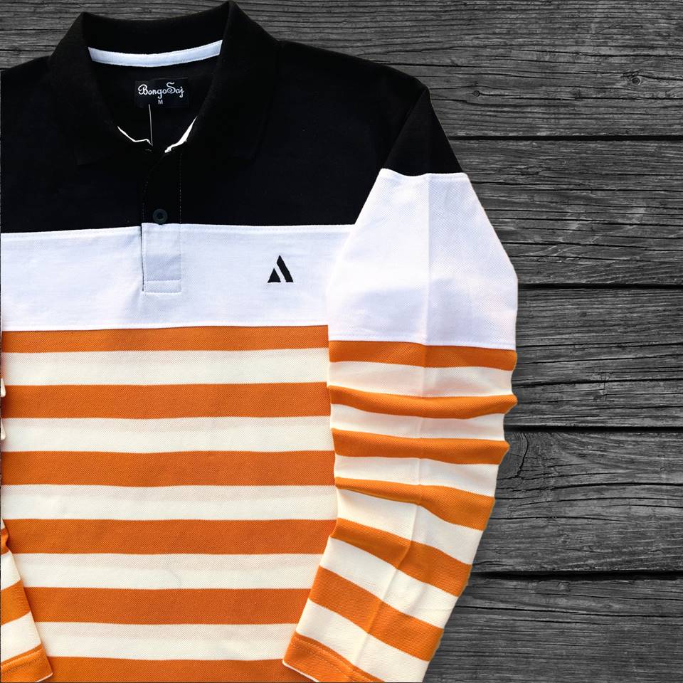 Men Full Sleeve T Shirt Black white with Orange