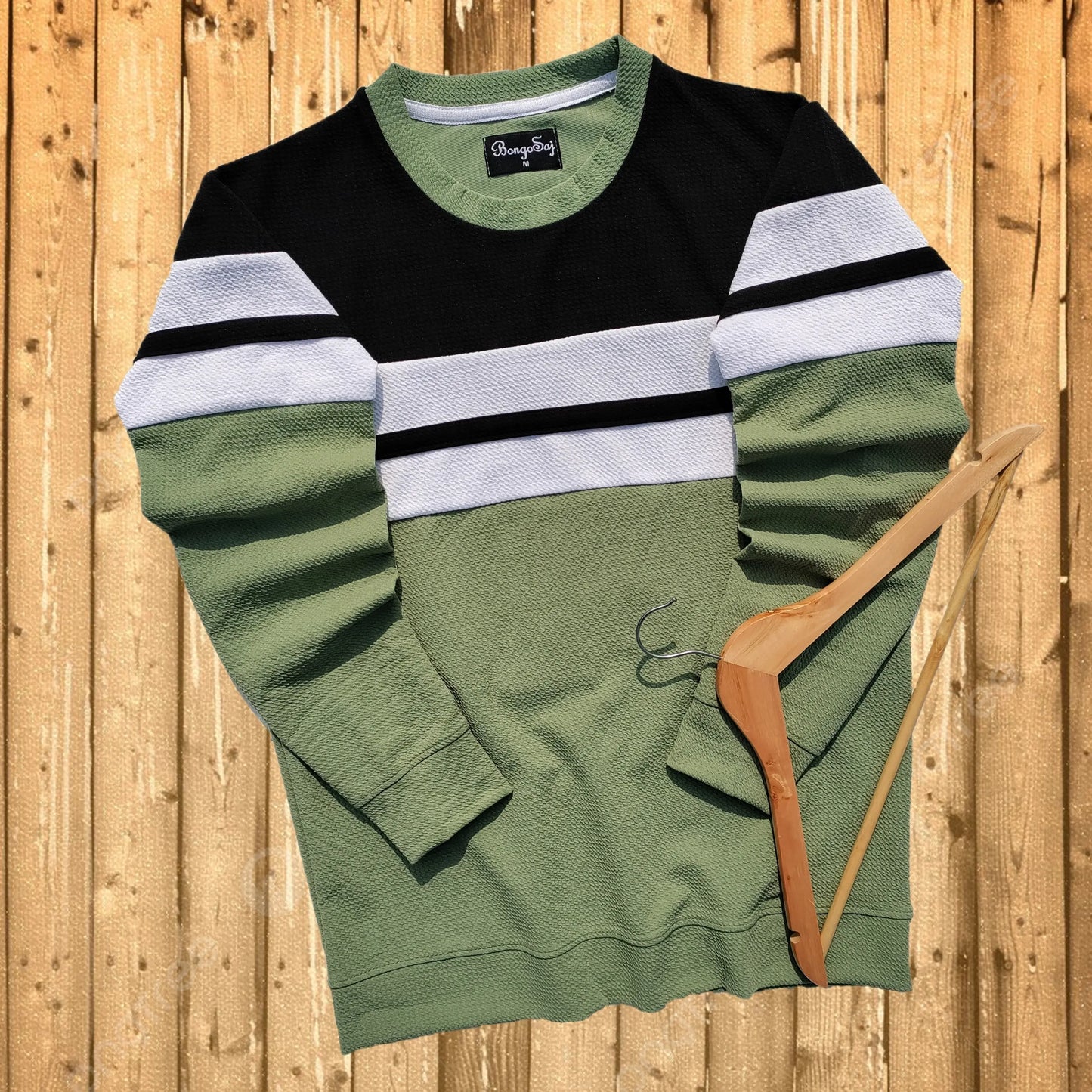 Textured Lycra winter T Shirt Black, White and Seb Green with stripe Airtex