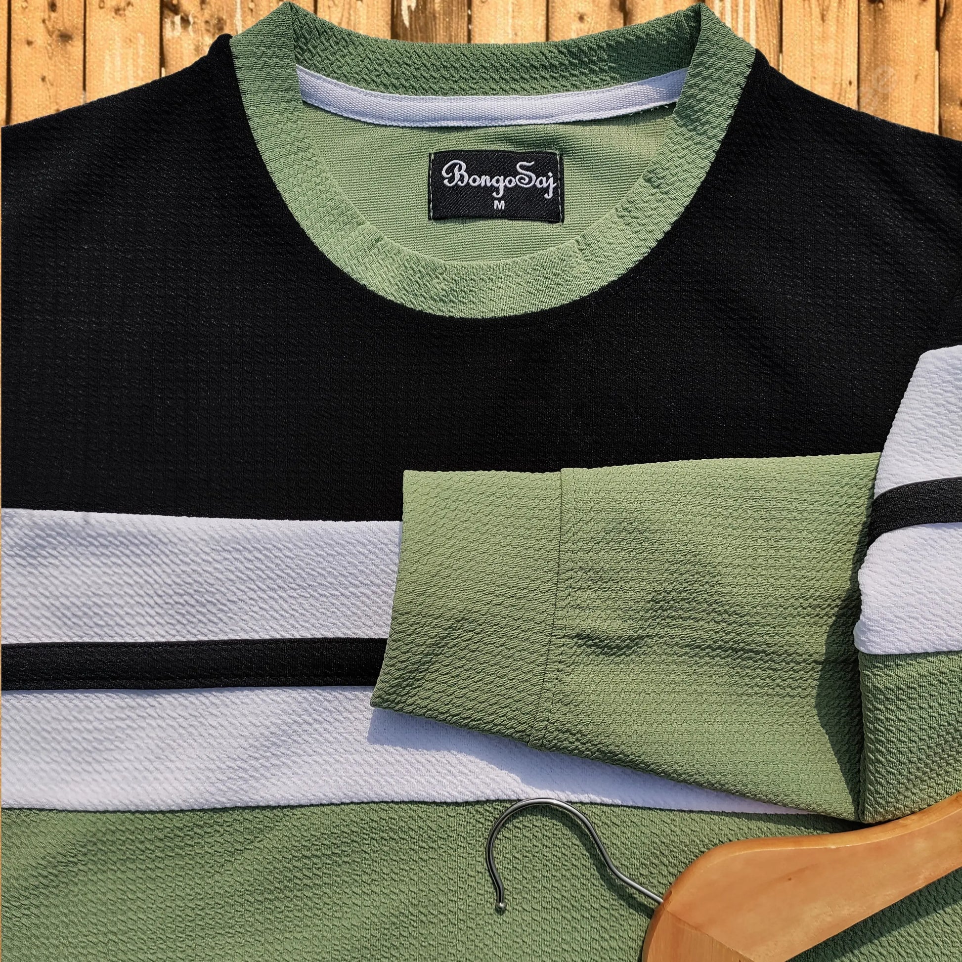 Textured Lycra winter T Shirt Black, White and Seb Green with stripe Airtex